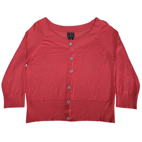 INC Petite Womens M Silk Blend Cardigan Sweater Coral Rhinestone Buttons - Picture 1 of 15